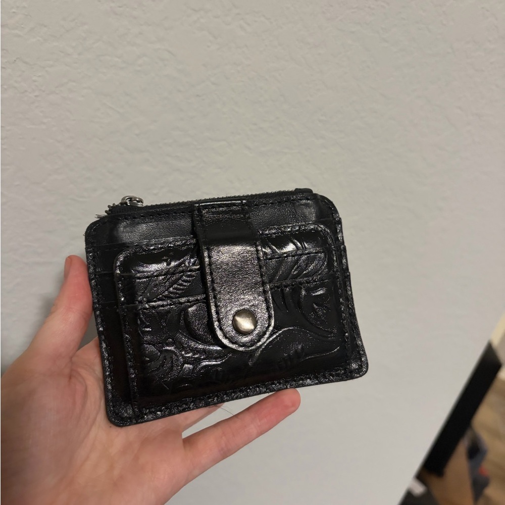 Patricia Nash Black Floral Leather Engraved Wallet